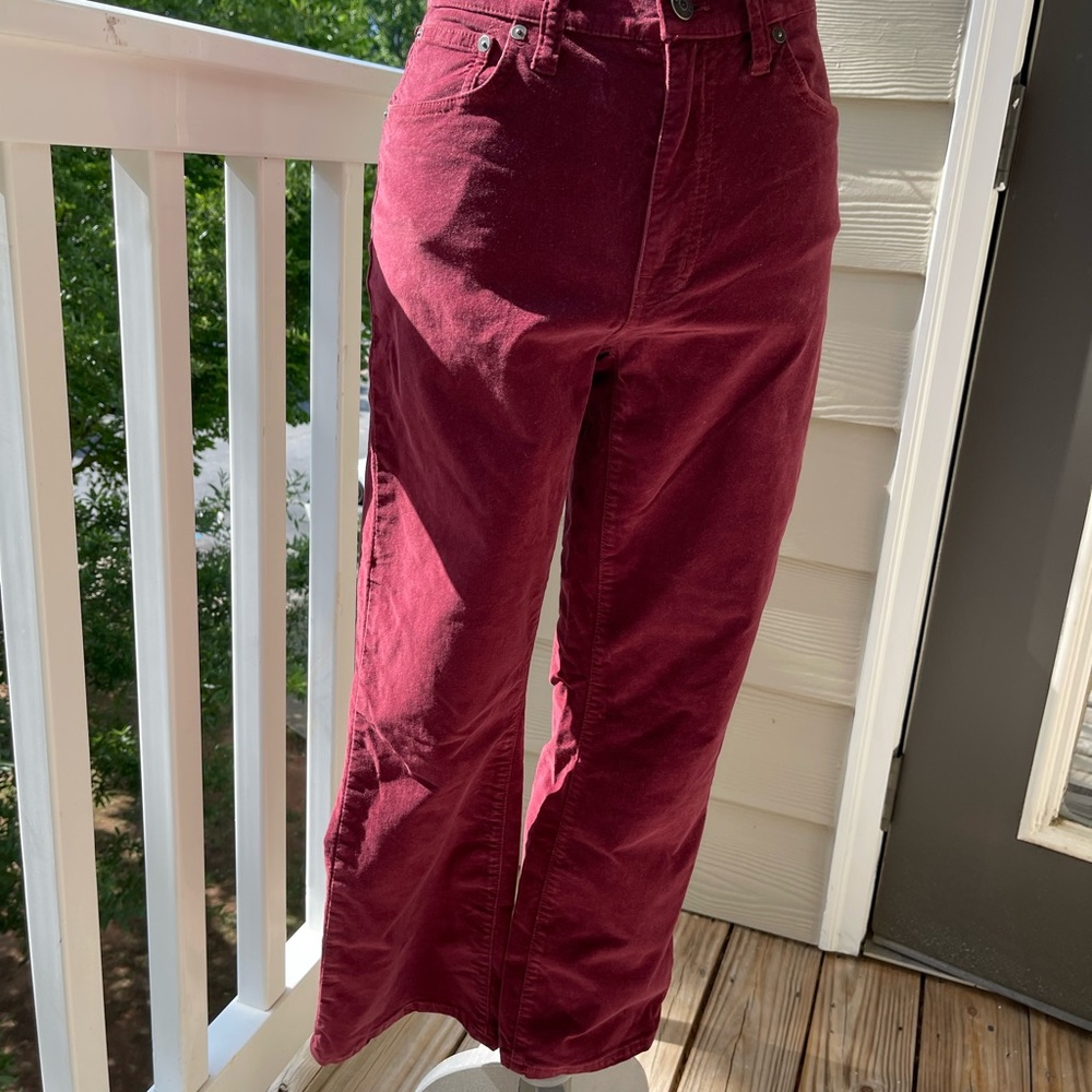 Burgundy velvet flare crop pants